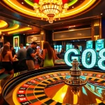 GO8 casino players enjoy thrilling games at a vibrant roulette table in a luxurious setting.