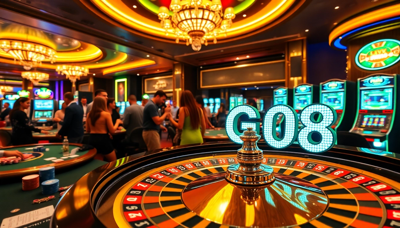 GO8 casino players enjoy thrilling games at a vibrant roulette table in a luxurious setting.
