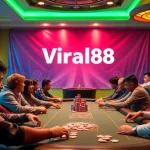Engage in thrilling poker at a casino scene featuring Viral88 branding and vibrant gameplay.