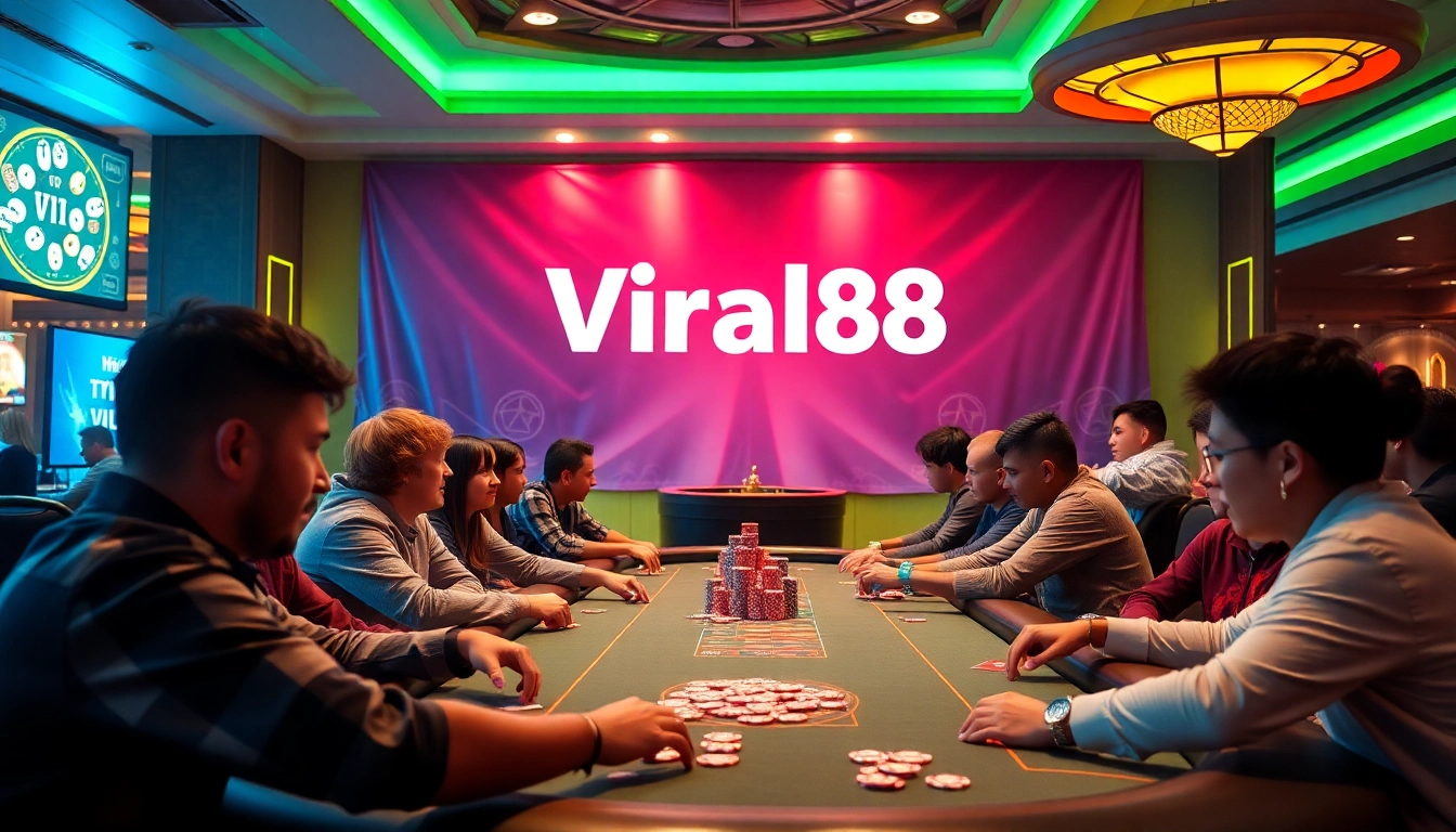 Engage in thrilling poker at a casino scene featuring Viral88 branding and vibrant gameplay.