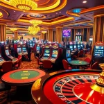 Experience thrilling gameplay at i1dompet's vibrant casino floor filled with poker tables and slot machines.