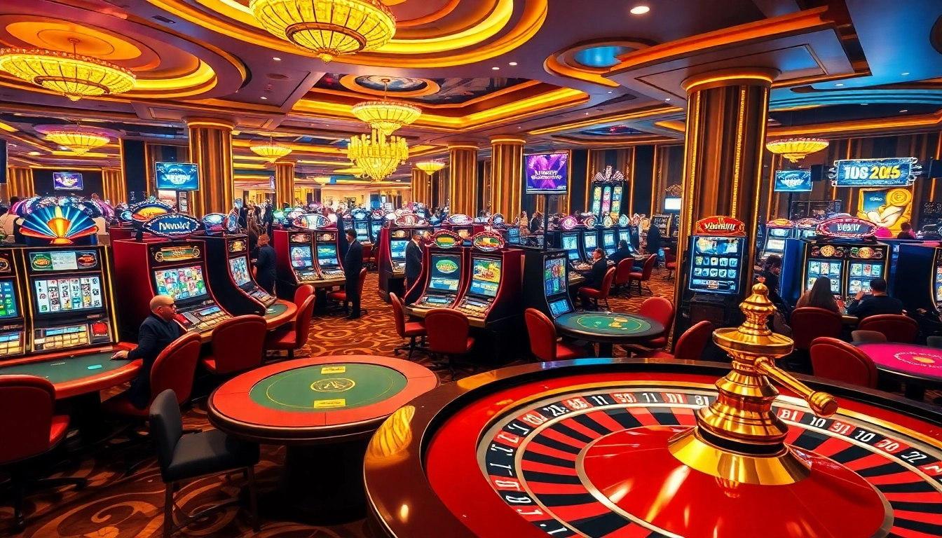 Experience thrilling gameplay at i1dompet's vibrant casino floor filled with poker tables and slot machines.