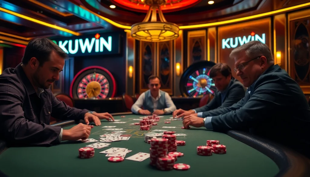 Enjoy the excitement of KUWIN at a high-stakes poker table, where players strategize with focused expressions amidst a luxurious casino backdrop.
