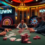 Enjoy the excitement of KUWIN at a high-stakes poker table, where players strategize with focused expressions amidst a luxurious casino backdrop.