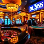 Experience the thrill at BL555 casino, where players engage at dynamic poker and roulette tables amidst vibrant gaming lights.