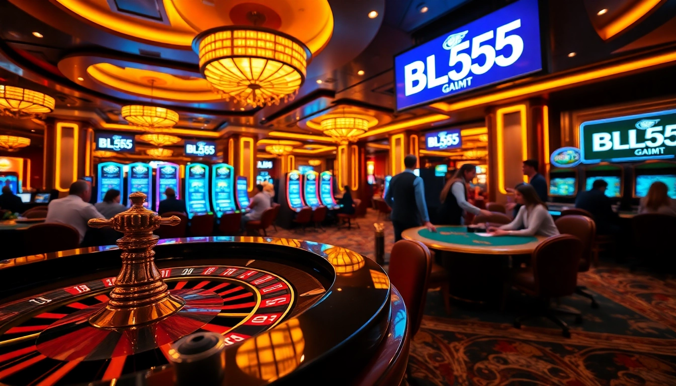 Experience the thrill at BL555 casino, where players engage at dynamic poker and roulette tables amidst vibrant gaming lights.