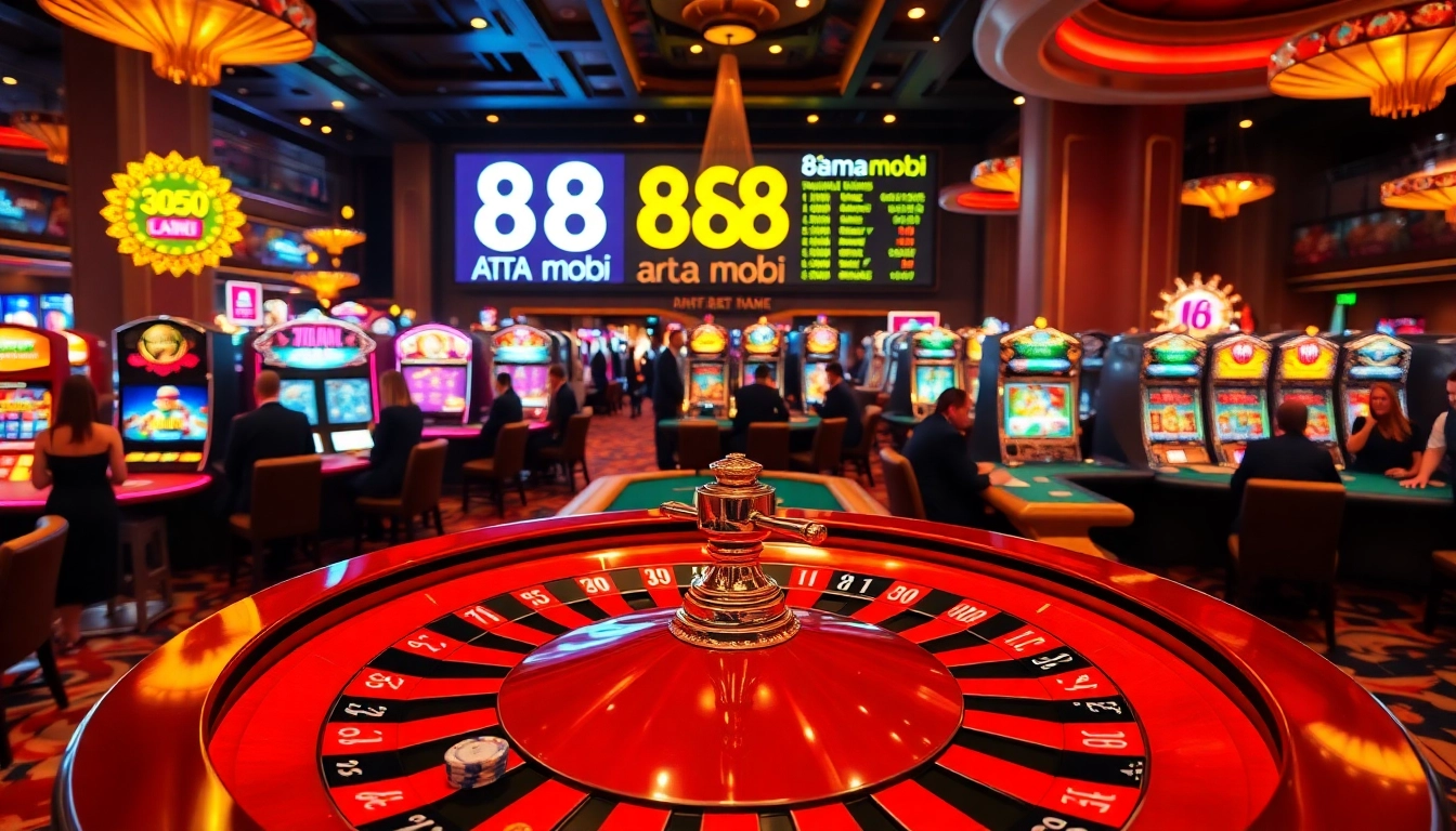 Experience the thrill of winning at 88aa mobi with poker tables and roulette wheels adorned with vibrant colors.