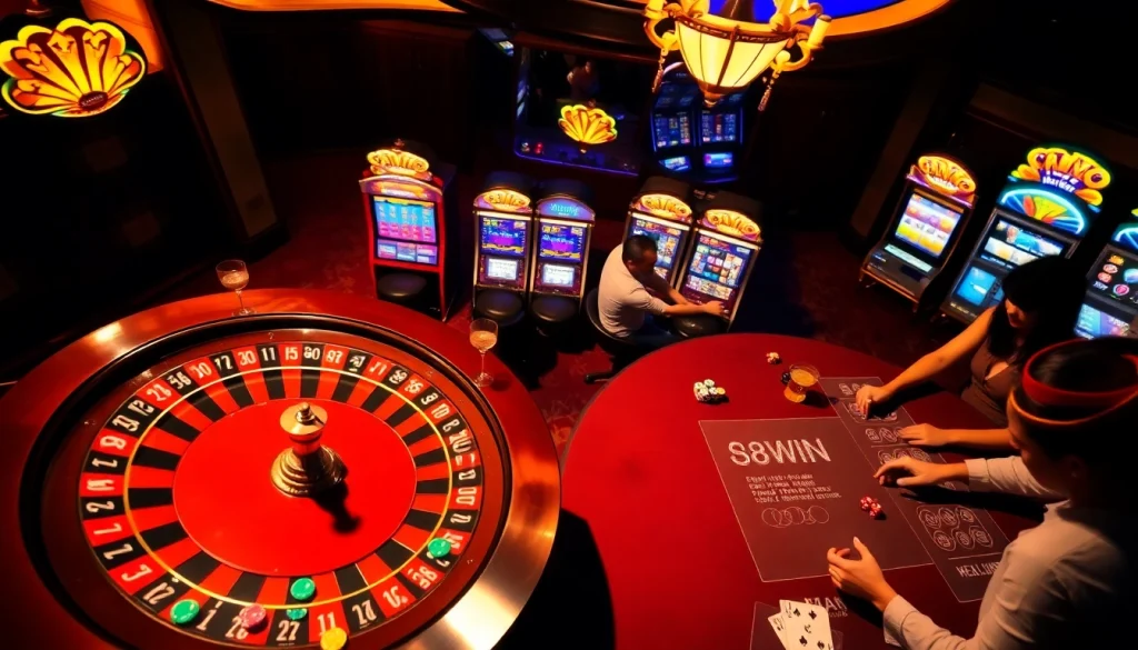 Excited players winning at the casino table branded 58WIN, amidst colorful chips and a spinning roulette.