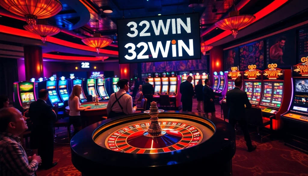 Engage in thrilling casino action with players at the 32WIN roulette table amidst vibrant colors and lights.