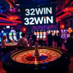 Engage in thrilling casino action with players at the 32WIN roulette table amidst vibrant colors and lights.