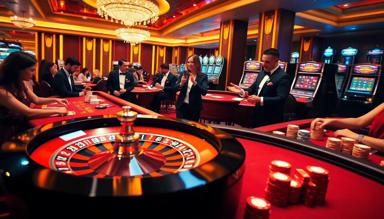 Players enjoying thrilling casino games at 88aa mobi, featuring roulette, poker, and vibrant slot machines.