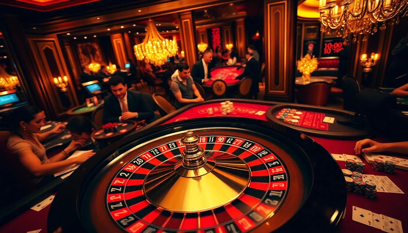 Experience mm 88 excitement at a bustling casino with players, roulette wheel, and vibrant poker chips flying.
